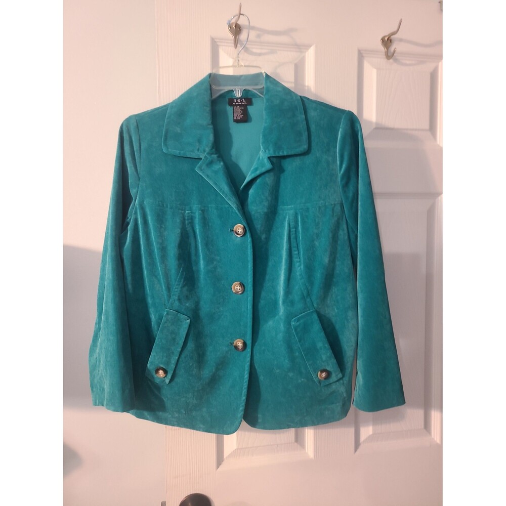 teal blue R.Q.T. button-down corduroy  blazer with a notch lapel and front sz 1X